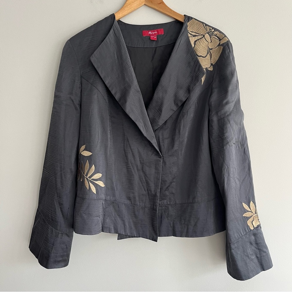 Monsoon Gray Silk Blazer with Gold Floral Embroidery US 8-10